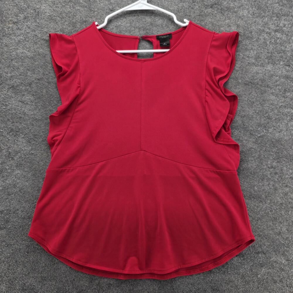 Ann Taylor Factory Shirt Womens Medium Red Ruffle Sleeve Keyhole Back Stretch